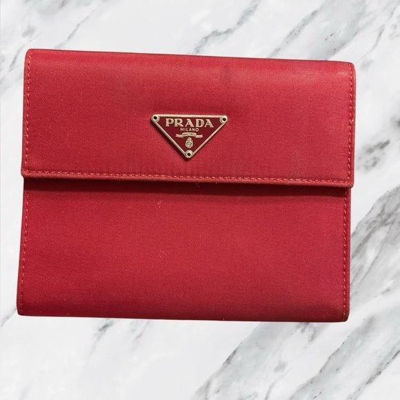 Prada Tessuto Dark Red Nylon Compact Trifold Wallet Authentic Vintage - Picture 3 of 11